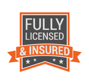 A badge with the text "Fully Licensed & Insured" in white and orange on a gray background, ideal for mobile pet grooming businesses, featuring a ribbon and stars at the bottom.