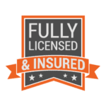 A badge with the text "Fully Licensed & Insured" in bold white letters on a gray and orange background with stars underneath—a perfect touch for any mobile cat grooming or dog grooming service.